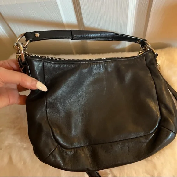 Coach black leather messenger crossbody bag shoulder silver hardware flap - Picture 5 of 16